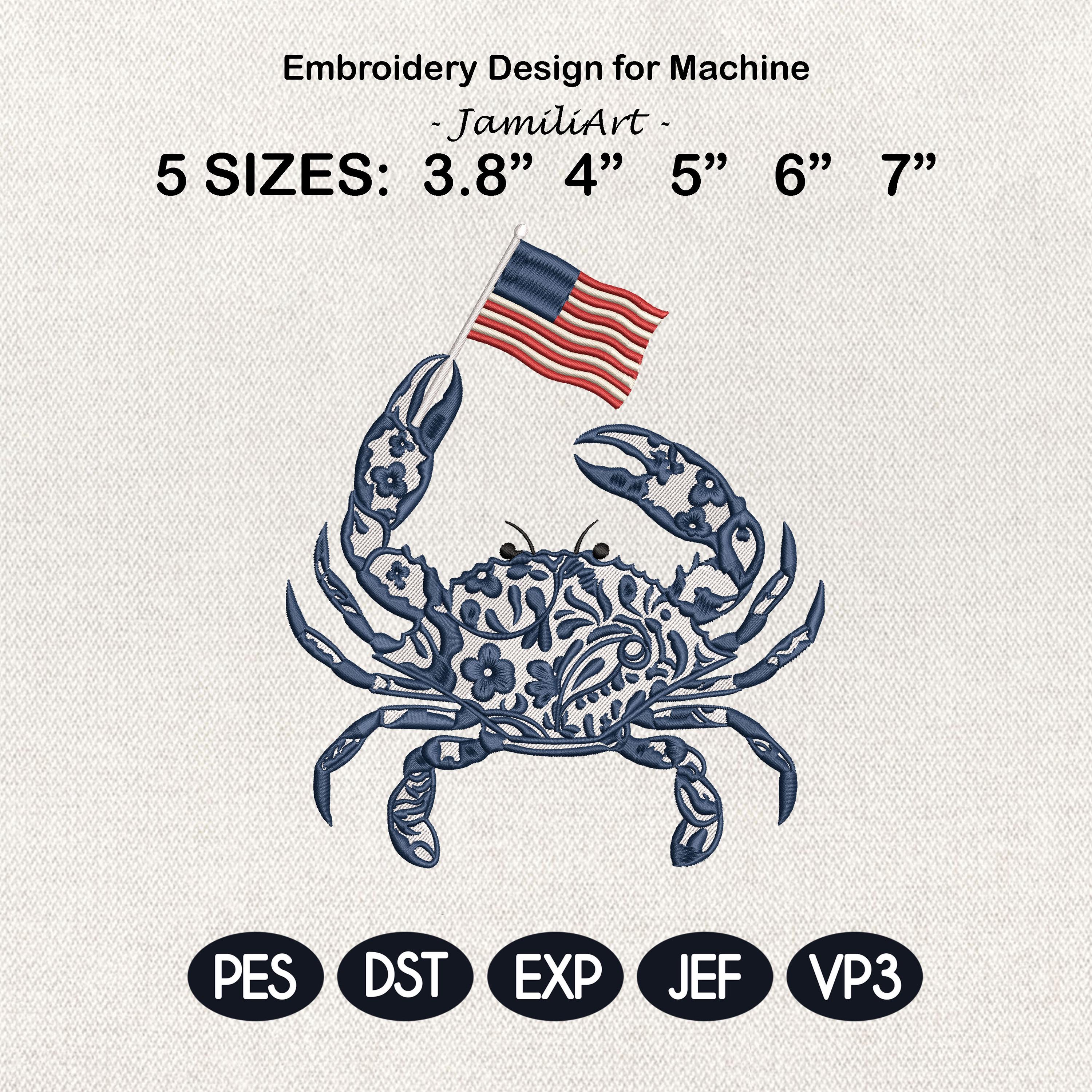 Chinoiserie Crab Embroidery Design with USA Flag, Patriotic Nautical Sea Life, 4th of July Machine Embroidery File,5 sizes, Digital Download