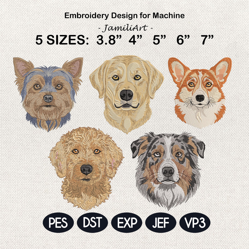 Dog Portrait Embroidery Bundle, Puppy Face Machine Embroidery Design, Pet Lover Embroidery Files, 5 sizes, Digital Instant Download