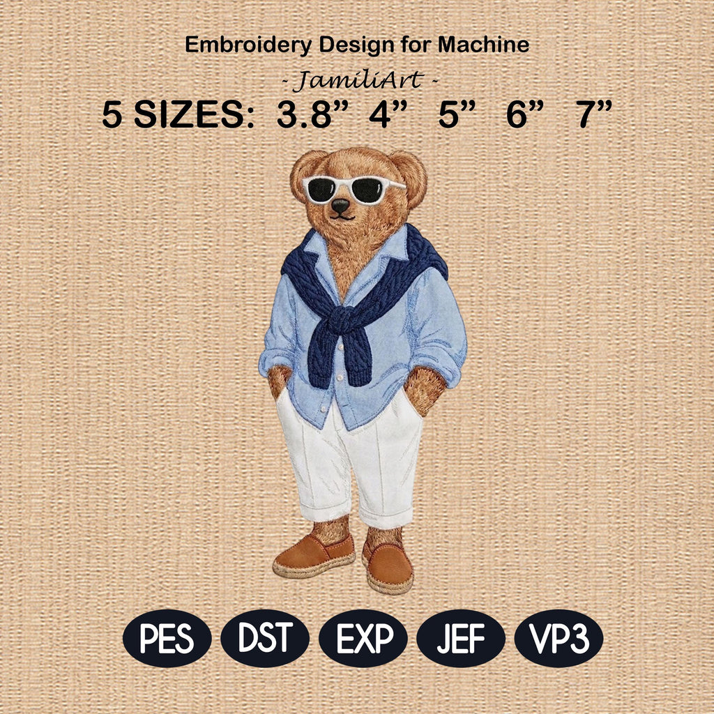 Preppy Teddy Bear Embroidery Design, Coastal Summer Bear Machine Embroidery File, Fashion Teddy Bear, 5 sizes, Digital Download