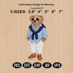 Preppy Teddy Bear Embroidery Design, Coastal Summer Bear Machine Embroidery File, Fashion Teddy Bear, 5 sizes, Digital Download