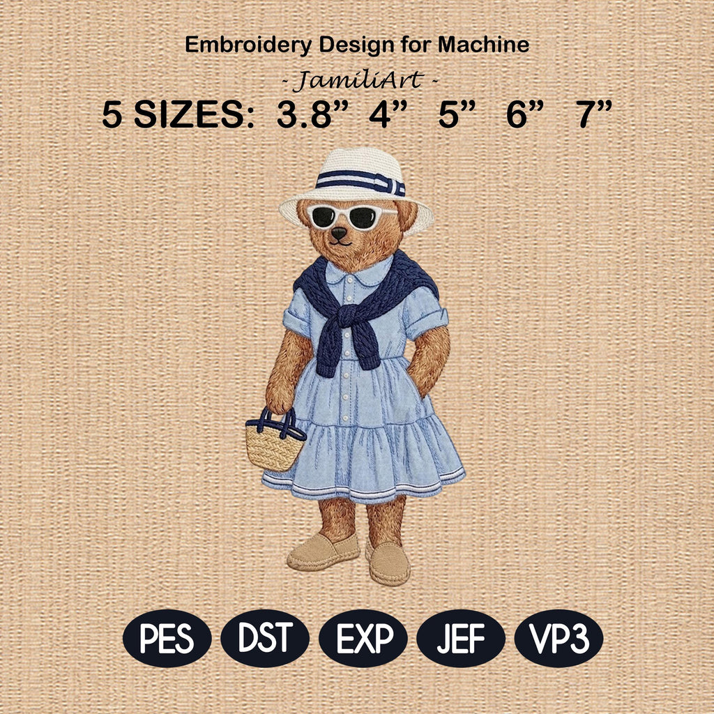 Preppy Teddy Bear Girl Embroidery Design, Coastal Summer Bear Machine Embroidery File, Fashion Teddy Bear, 5 sizes, Digital Download