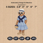 Preppy Teddy Bear Girl Embroidery Design, Coastal Summer Bear Machine Embroidery File, Fashion Teddy Bear, 5 sizes, Digital Download