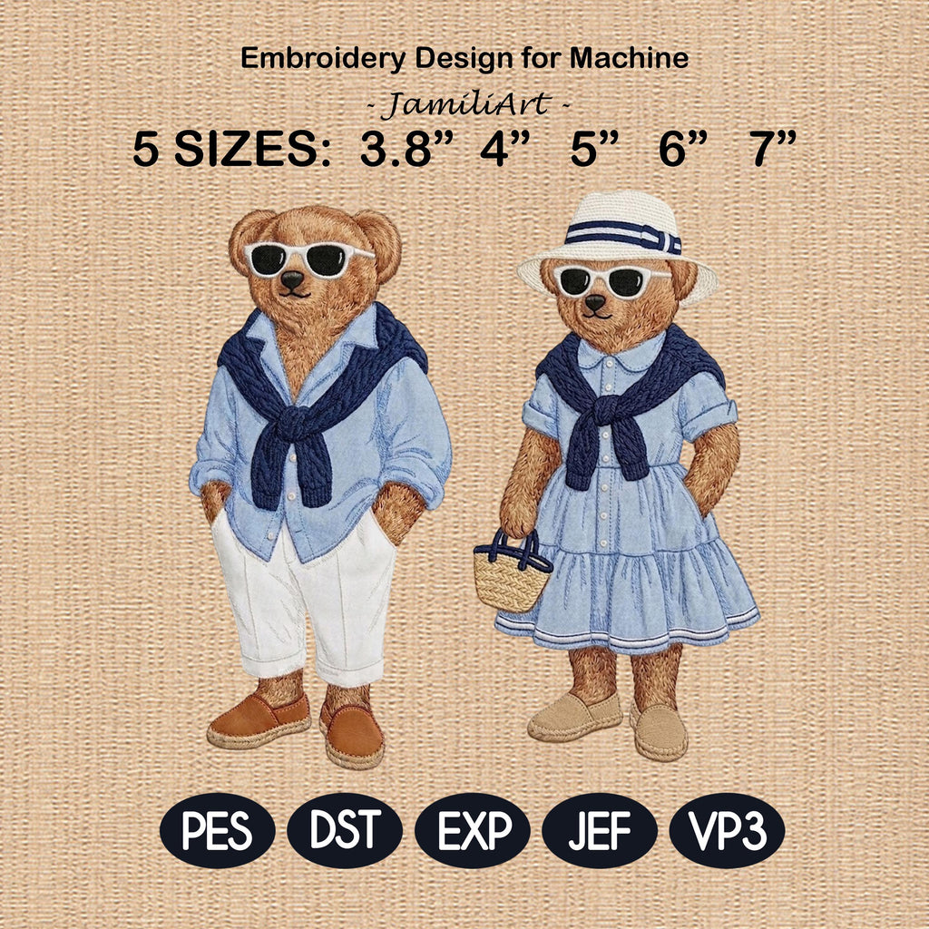 Coastal Teddy Bear Couple Embroidery Design Bundle, Preppy Summer Bear Machine Embroidery, Beach Vacation Teddy, 5 sizes, Digital Download