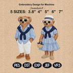 Coastal Teddy Bear Couple Embroidery Design Bundle, Preppy Summer Bear Machine Embroidery, Beach Vacation Teddy, 5 sizes, Digital Download