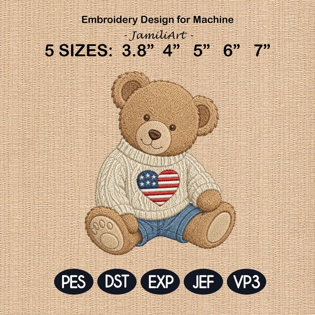 Patriotic Teddy Bear Embroidery Design, American Flag Baby Bear Machine Embroidery, Preppy 4th Of July Stitch File, 5 sizes Digital Download