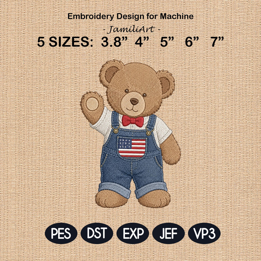 Americana Teddy Bear Embroidery Design, Cute USA Bear In Overalls Machine Embroidery, Patriotic Baby Bear Stitch Pattern, Digital Download