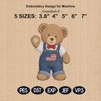 Americana Teddy Bear Embroidery Design, Cute USA Bear In Overalls Machine Embroidery, Patriotic Baby Bear Stitch Pattern, Digital Download