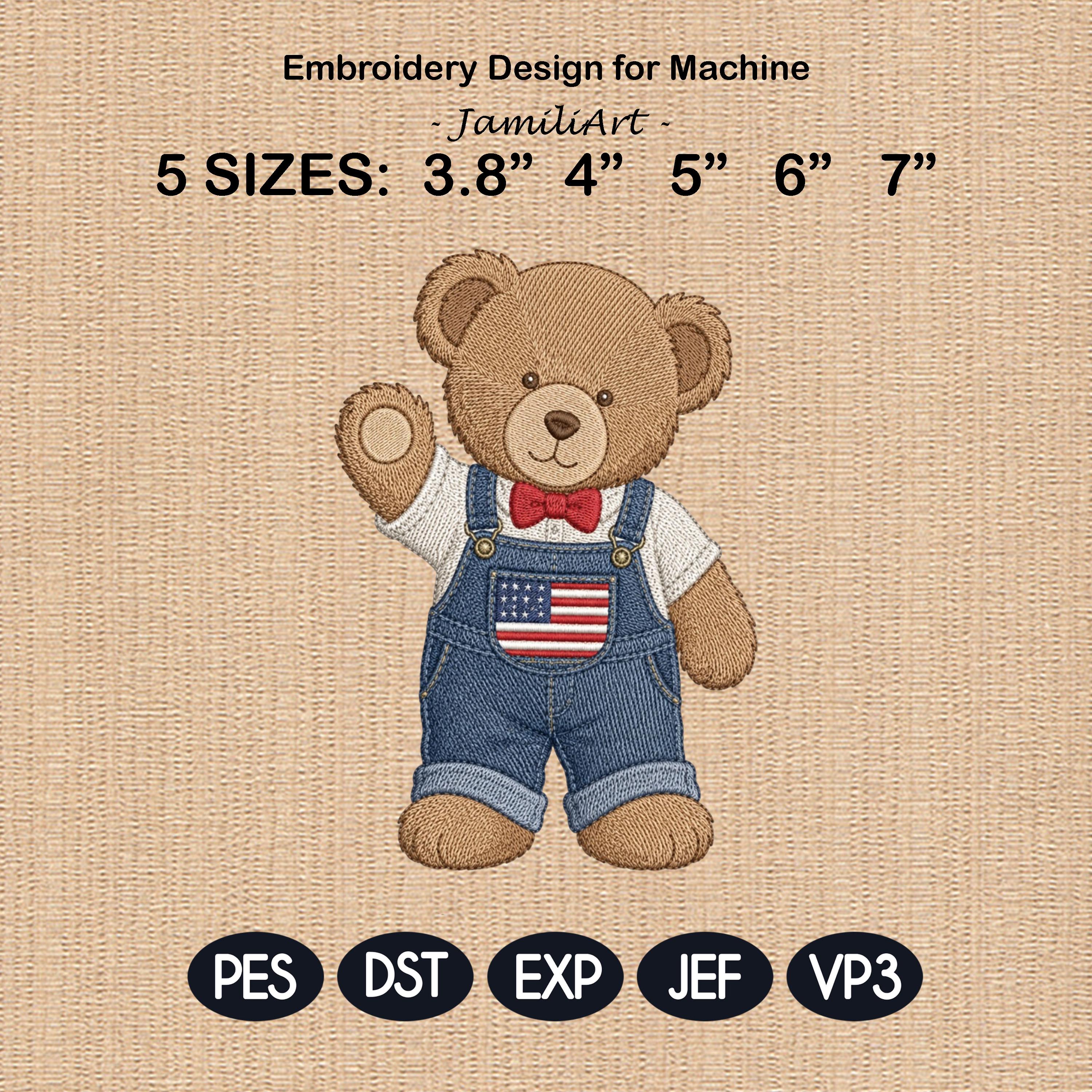 Americana Teddy Bear Embroidery Design, Cute USA Bear In Overalls Machine Embroidery, Patriotic Baby Bear Stitch Pattern, Digital Download