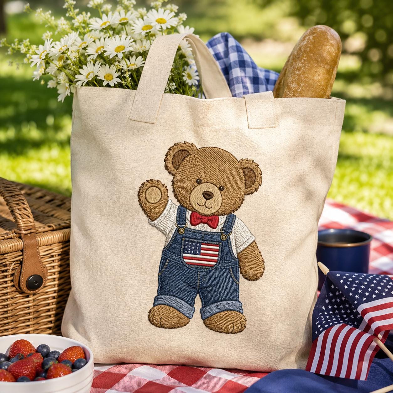 Americana Teddy Bear Embroidery Design, Cute USA Bear In Overalls Machine Embroidery, Patriotic Baby Bear Stitch Pattern, Digital Download - image 4