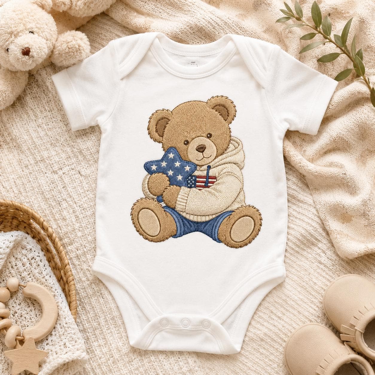 Patriotic Teddy Bear Embroidery Design, Cute Americana Bear With Star Pillow Machine Embroidery, USA Baby Bear Pattern, Digital Download - image 5