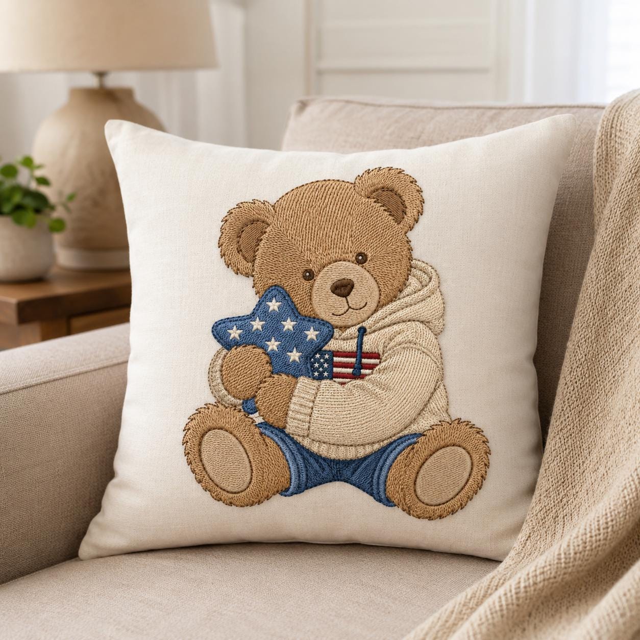 Patriotic Teddy Bear Embroidery Design, Cute Americana Bear With Star Pillow Machine Embroidery, USA Baby Bear Pattern, Digital Download - image 6