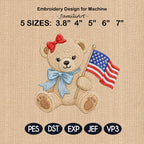 Patriotic Teddy Bear Embroidery Design, 4th of July Bear Machine Embroidery File, USA Flag Stitch Pattern, 5 sizes, Digital Download