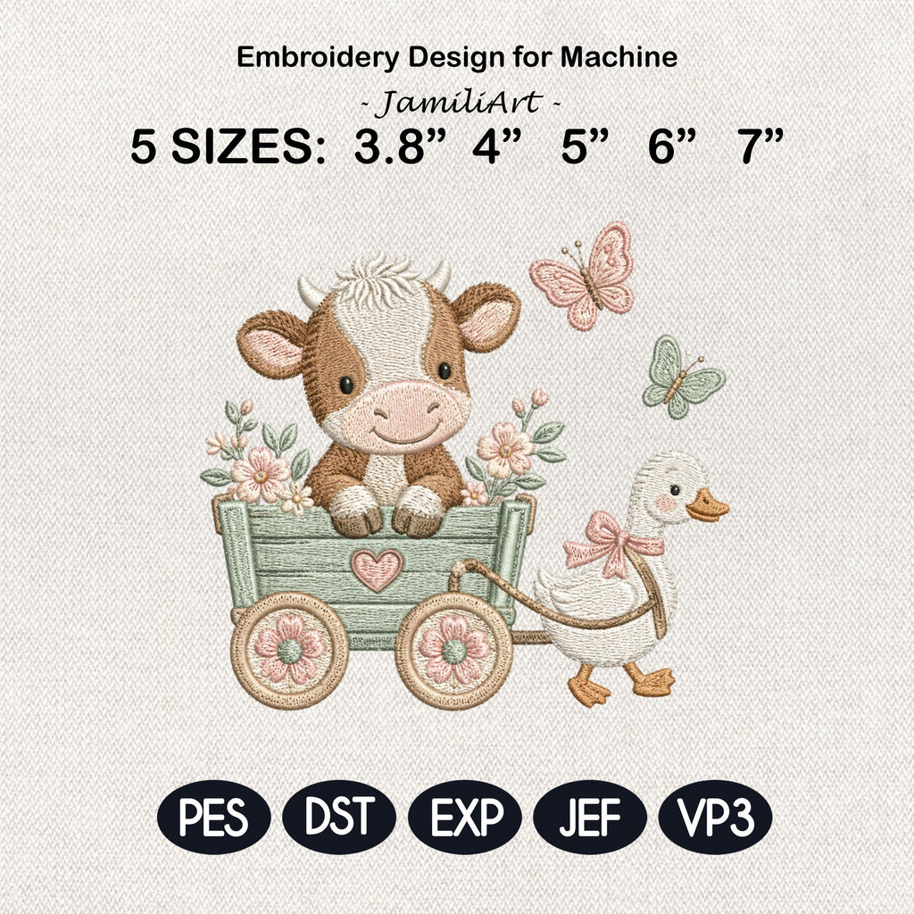 Cow Wagon Embroidery Design, Cute Farm Animal Machine Embroidery File, Baby Nursery Cow Duck Stitch, 5 sizes, Digital Download