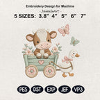 Cow Wagon Embroidery Design, Cute Farm Animal Machine Embroidery File, Baby Nursery Cow Duck Stitch, 5 sizes, Digital Download