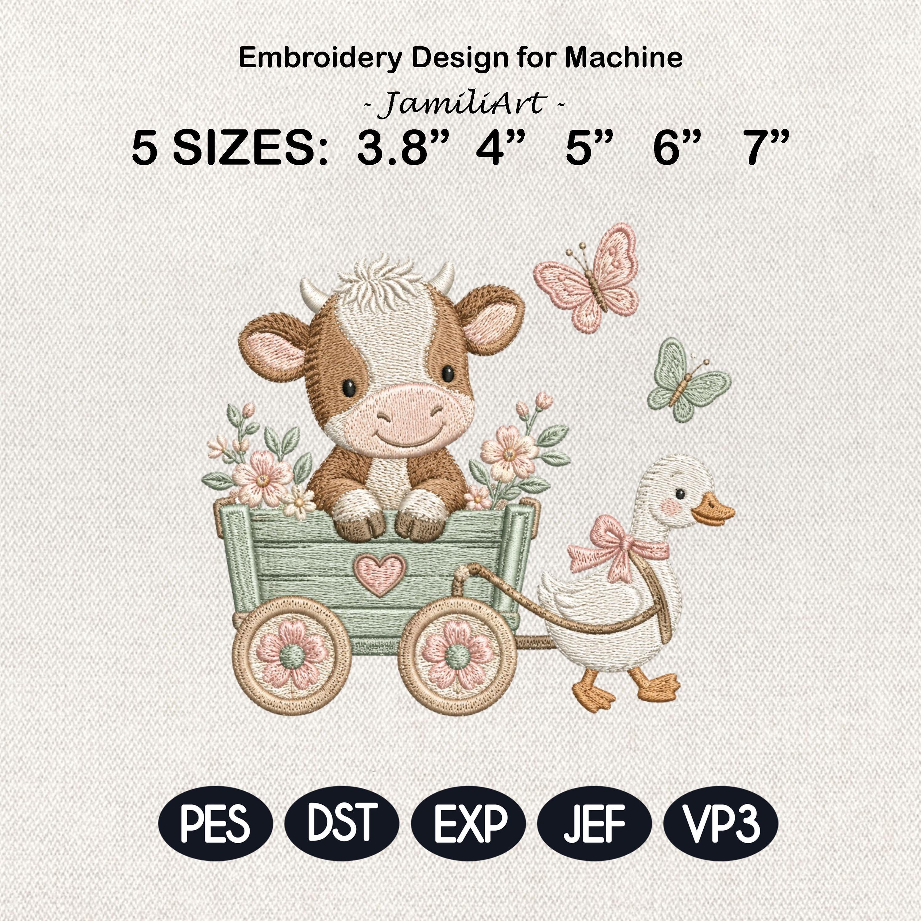 Cow Wagon Embroidery Design, Cute Farm Animal Machine Embroidery File, Baby Nursery Cow Duck Stitch, 5 sizes, Digital Download