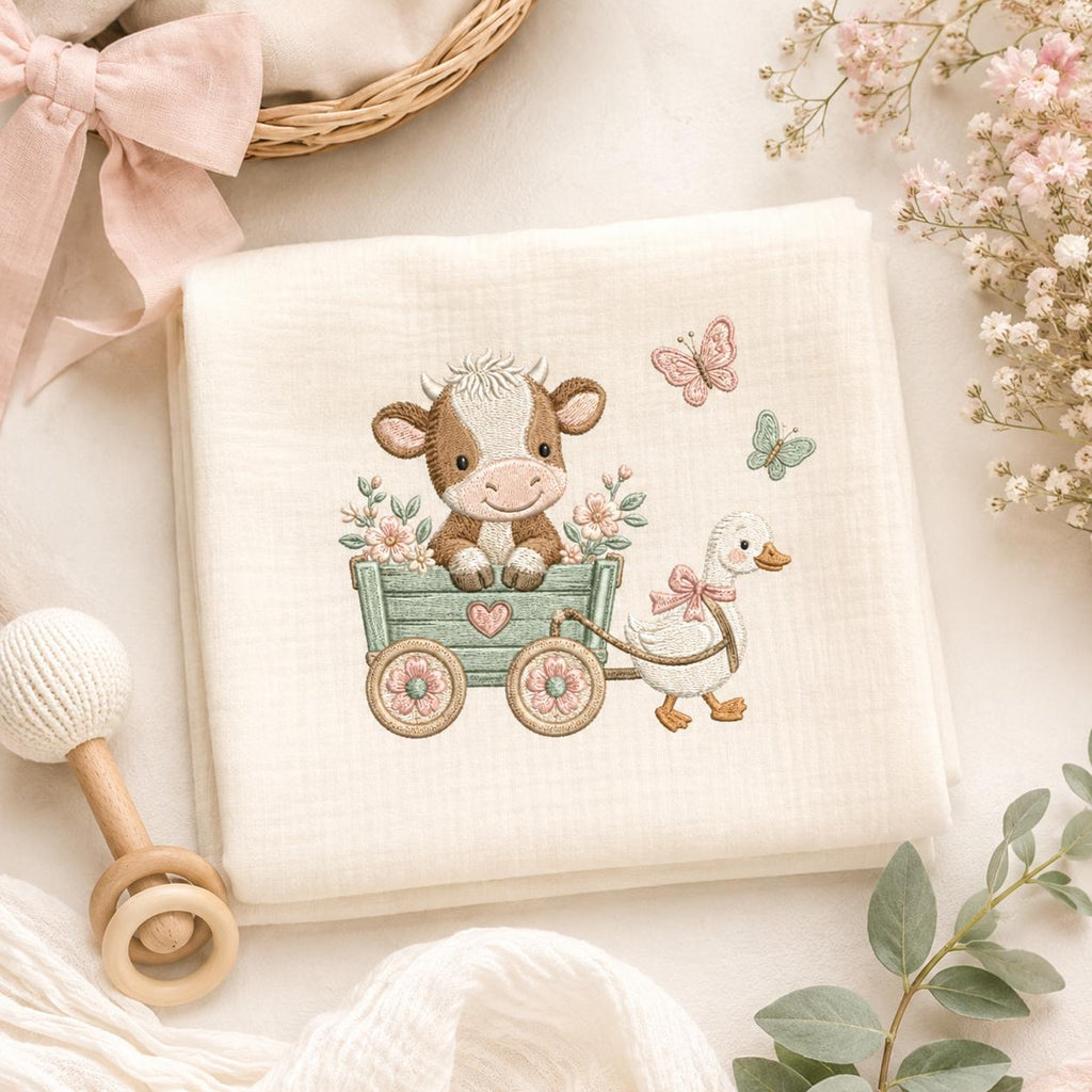 Cow Wagon Embroidery Design, Cute Farm Animal Machine Embroidery File, Baby Nursery Cow Duck Stitch, 5 sizes, Digital Download - image 5