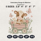 Cow Flower Wagon Embroidery Design, Baby Farm Animal Machine Embroidery File, Cute Nursery Cow Stitch, 5 sizes, Digital Download