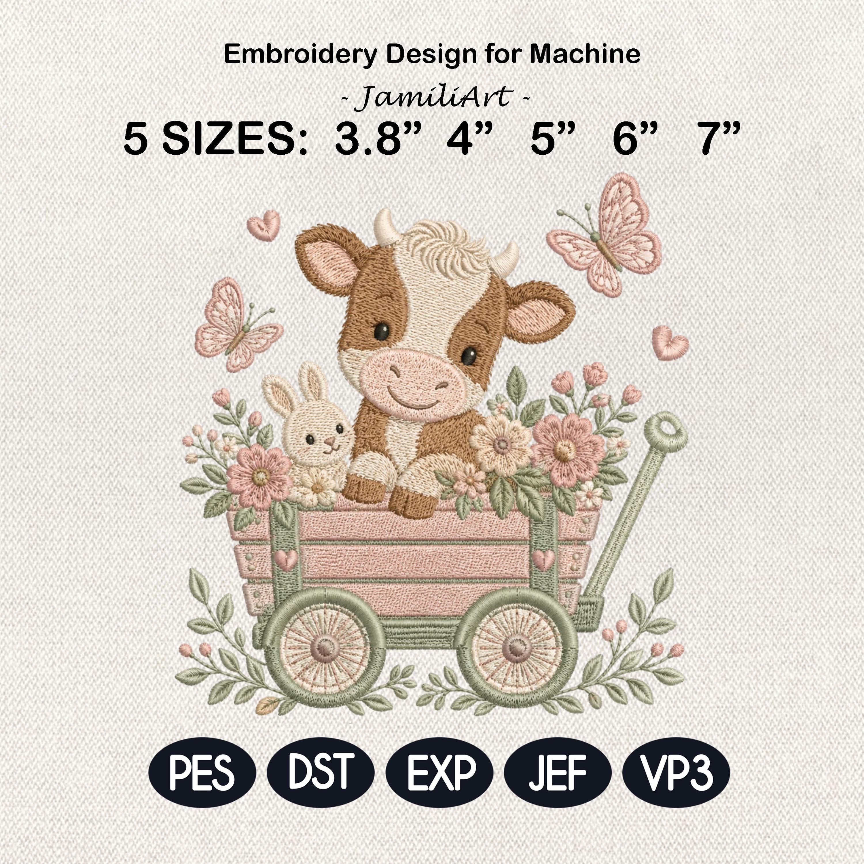 Cow Flower Wagon Embroidery Design, Baby Farm Animal Machine Embroidery File, Cute Nursery Cow Stitch, 5 sizes, Digital Download