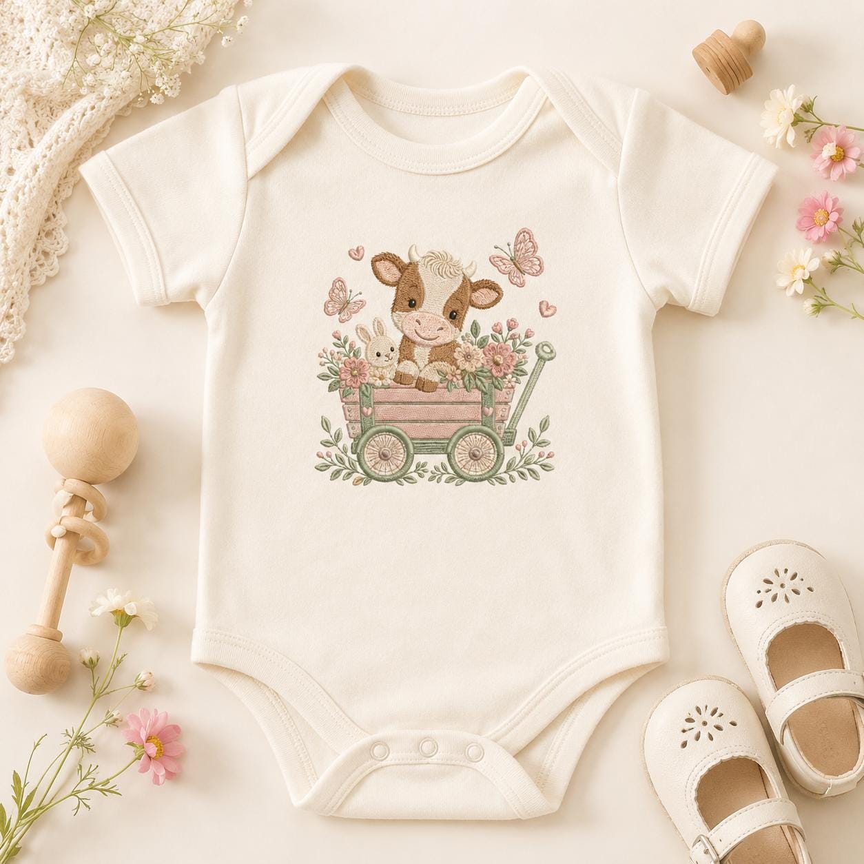 Cow Flower Wagon Embroidery Design, Baby Farm Animal Machine Embroidery File, Cute Nursery Cow Stitch, 5 sizes, Digital Download - image 3