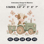 Cow Tractor Embroidery Design, Cute Farm Nursery Machine Embroidery File, Baby Cow Bunny Tractor Stitch, 5 sizes, Digital Download