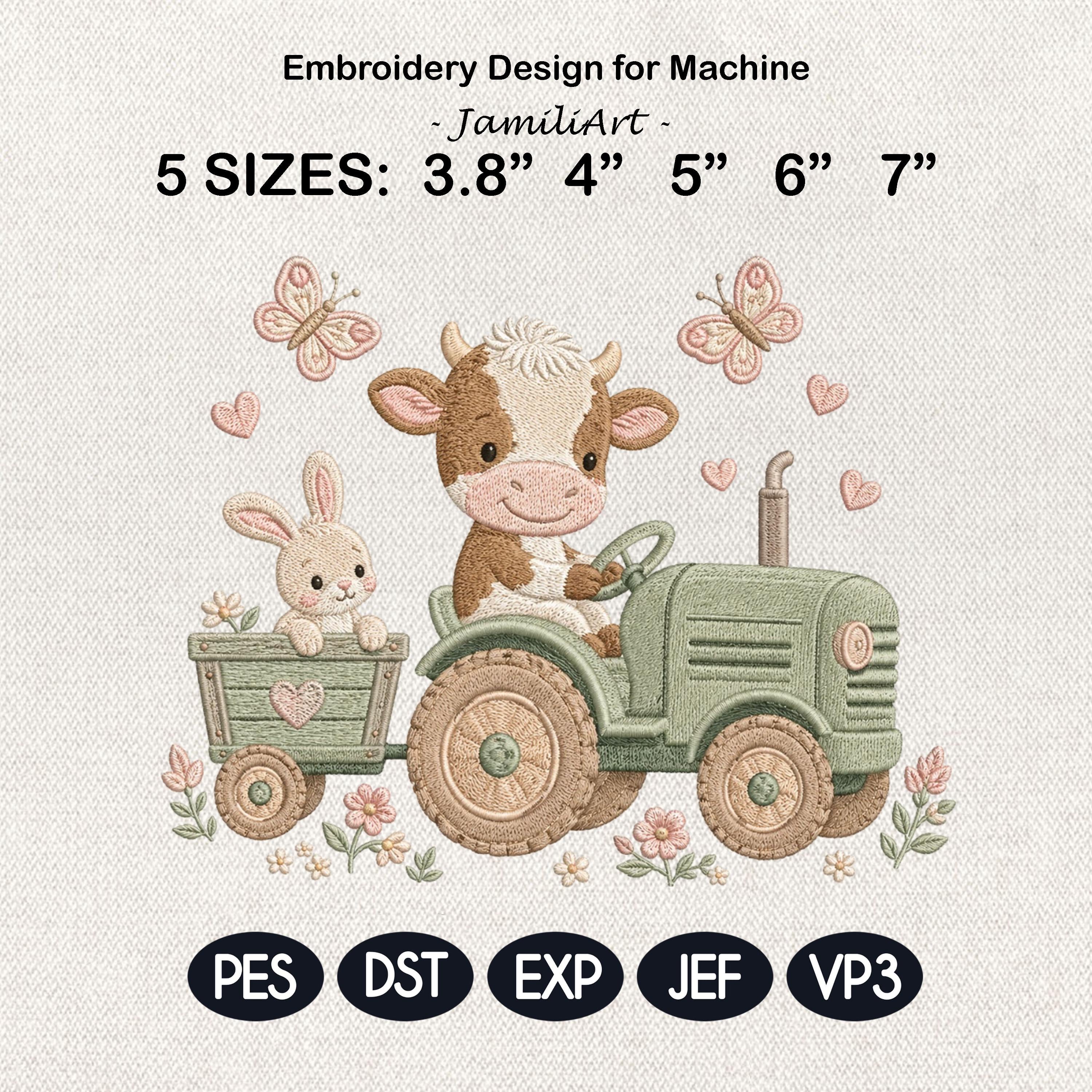 Cow Tractor Embroidery Design, Cute Farm Nursery Machine Embroidery File, Baby Cow Bunny Tractor Stitch, 5 sizes, Digital Download