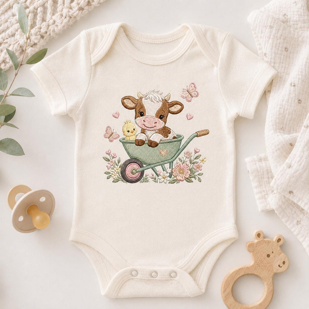 Cow Wheelbarrow Embroidery Design, Baby Farm Animal Machine Embroidery File, Cute Cow Garden Stitch, 5 sizes, Digital Download - image 3