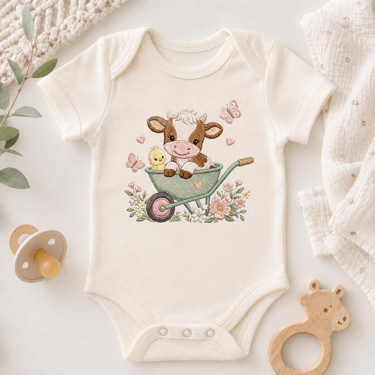 Cow Wheelbarrow Embroidery Design, Baby Farm Animal Machine Embroidery File, Cute Cow Garden Stitch, 5 sizes, Digital Download - image 3