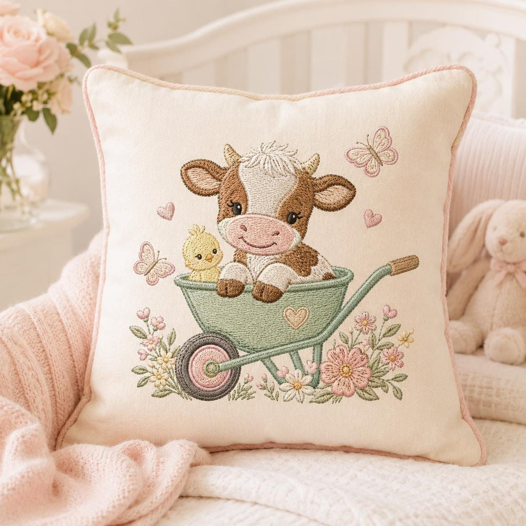 Cow Wheelbarrow Embroidery Design, Baby Farm Animal Machine Embroidery File, Cute Cow Garden Stitch, 5 sizes, Digital Download - image 6