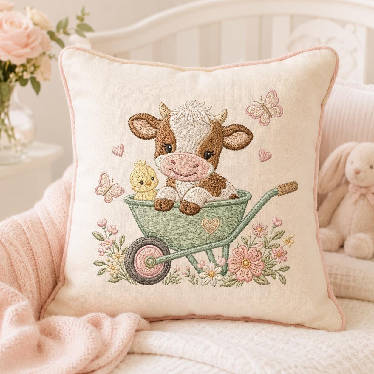 Cow Wheelbarrow Embroidery Design, Baby Farm Animal Machine Embroidery File, Cute Cow Garden Stitch, 5 sizes, Digital Download - image 6