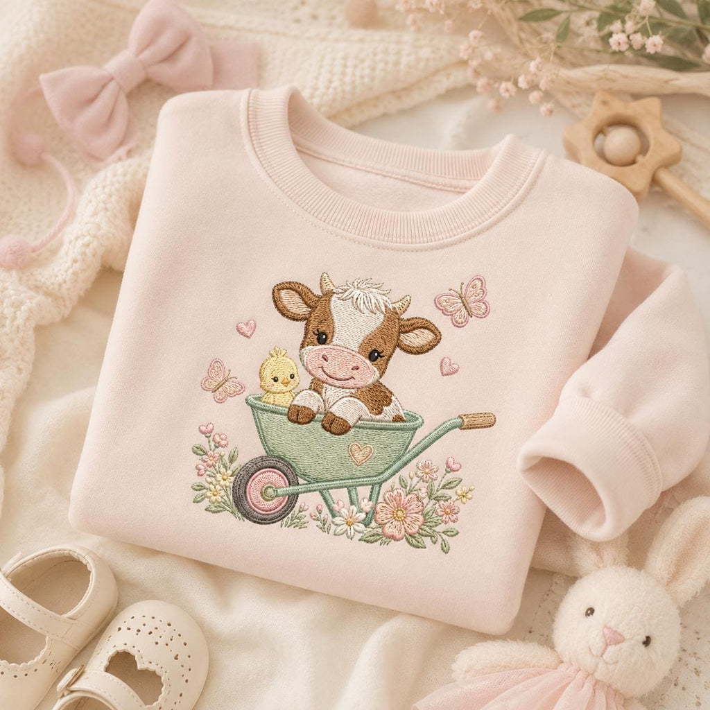 Cow Wheelbarrow Embroidery Design, Baby Farm Animal Machine Embroidery File, Cute Cow Garden Stitch, 5 sizes, Digital Download - image 7