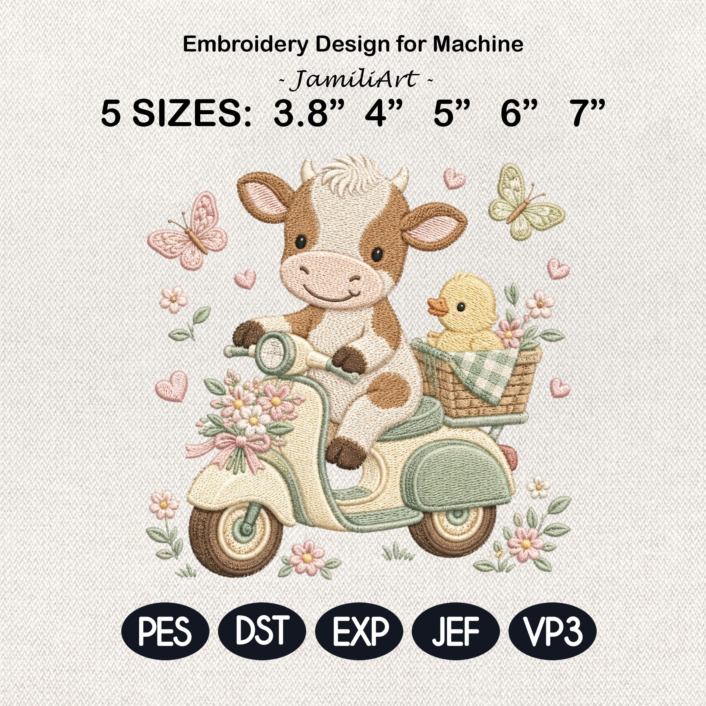 Cow Scooter Embroidery Design, Cute Baby Farm Machine Embroidery File, Cow Duck Scooter Nursery Stitch, 5 sizes, Digital Download