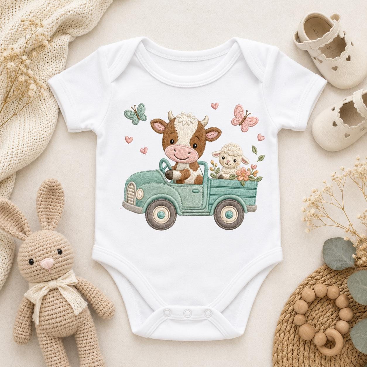 Cow Truck Embroidery Design, Cute Farm Animal Machine Embroidery File, Baby Nursery Cow Sheep Truck Stitch, 5 sizes, Digital Download - image 3