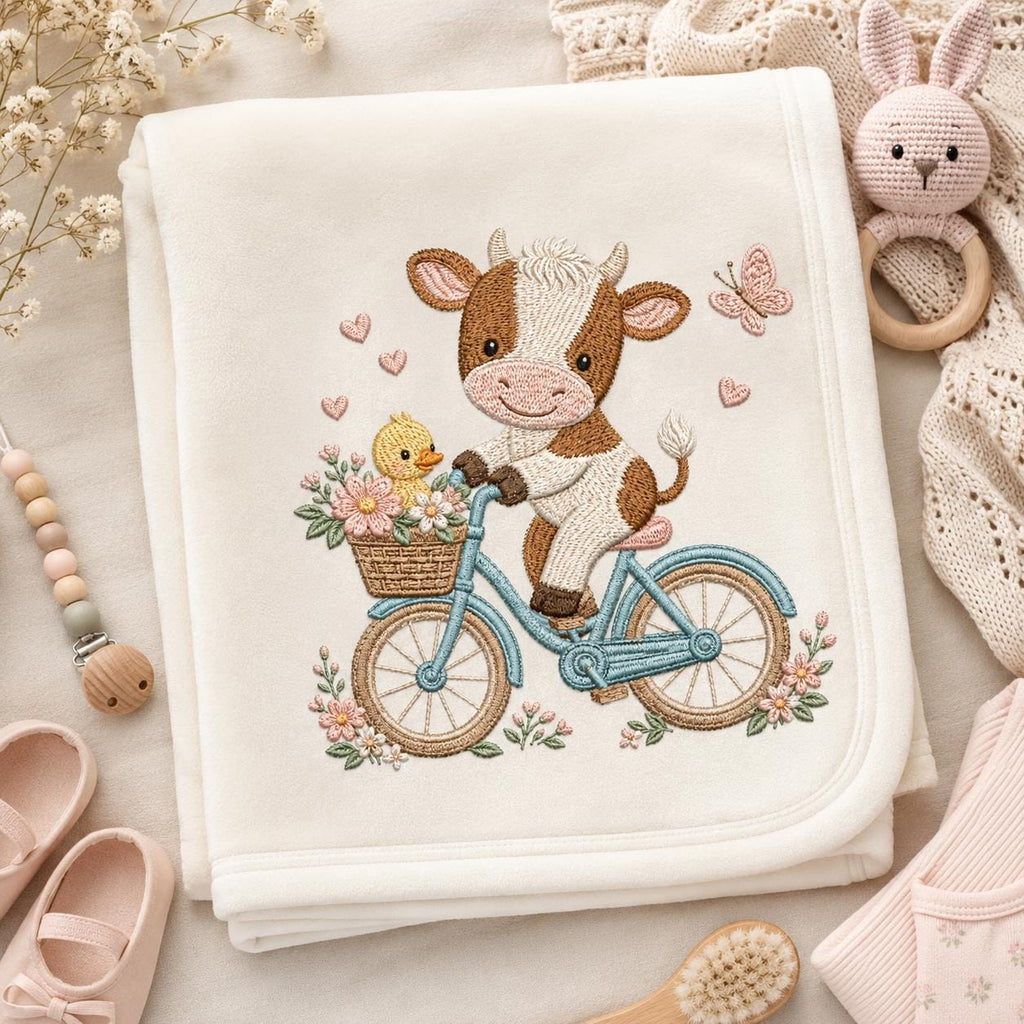 Cow Bicycle Embroidery Design, Cute Baby Farm Animal Machine Embroidery File, Spring Cow Bike Stitch, 5 sizes, Digital Download - image 6