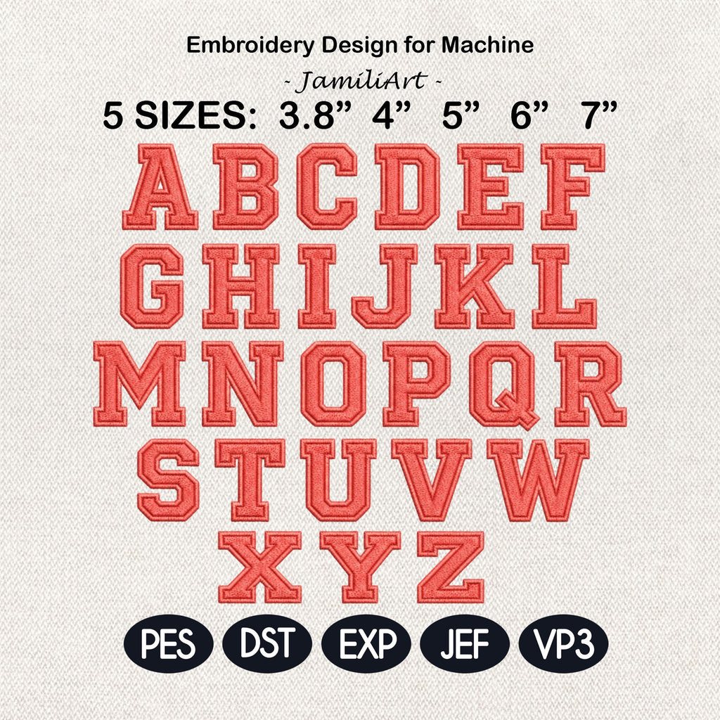 Varsity Alphabet Embroidery Design, College Block Font A-Z Machine Embroidery Letters, Sport Monogram Initials, 5 sizes, Digital Download