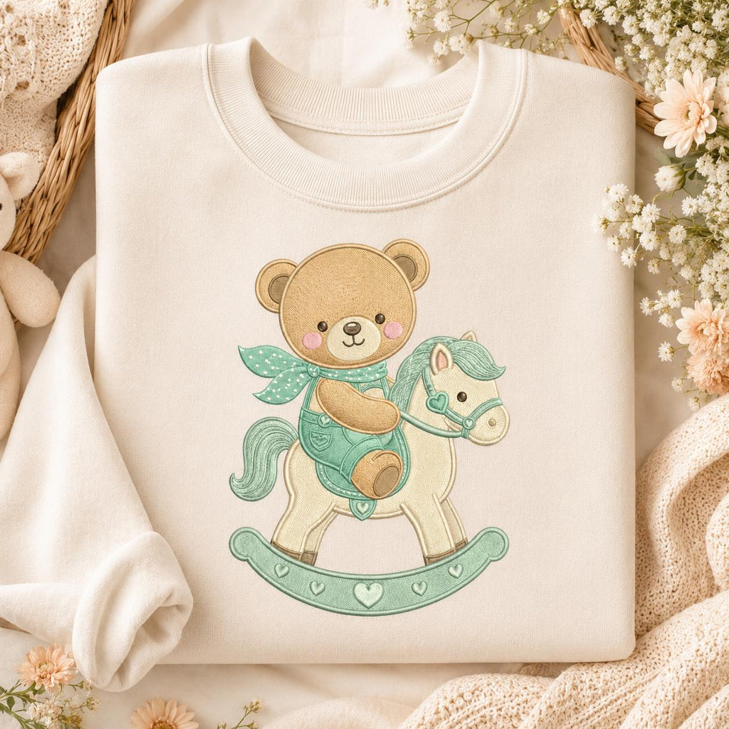 Teddy Bear Rocking Horse Embroidery Design, Cute Baby Bear Nursery Machine Embroidery File, Pastel Kids Decor, 5 sizes, Digital Download - image 3