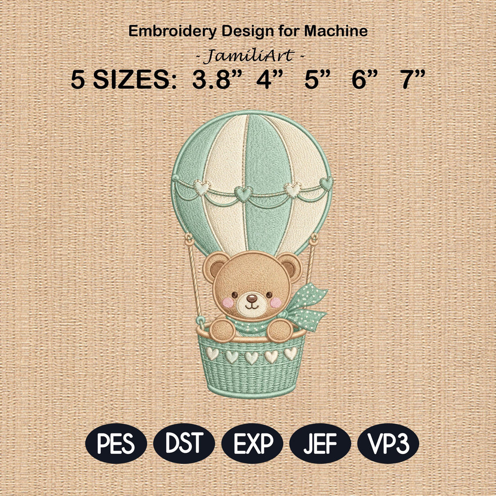 Teddy Bear Hot Air Balloon Embroidery Design, Cute Nursery Baby Bear Machine Embroidery, Kids Room Decor Stitch, 5 sizes, Digital Download