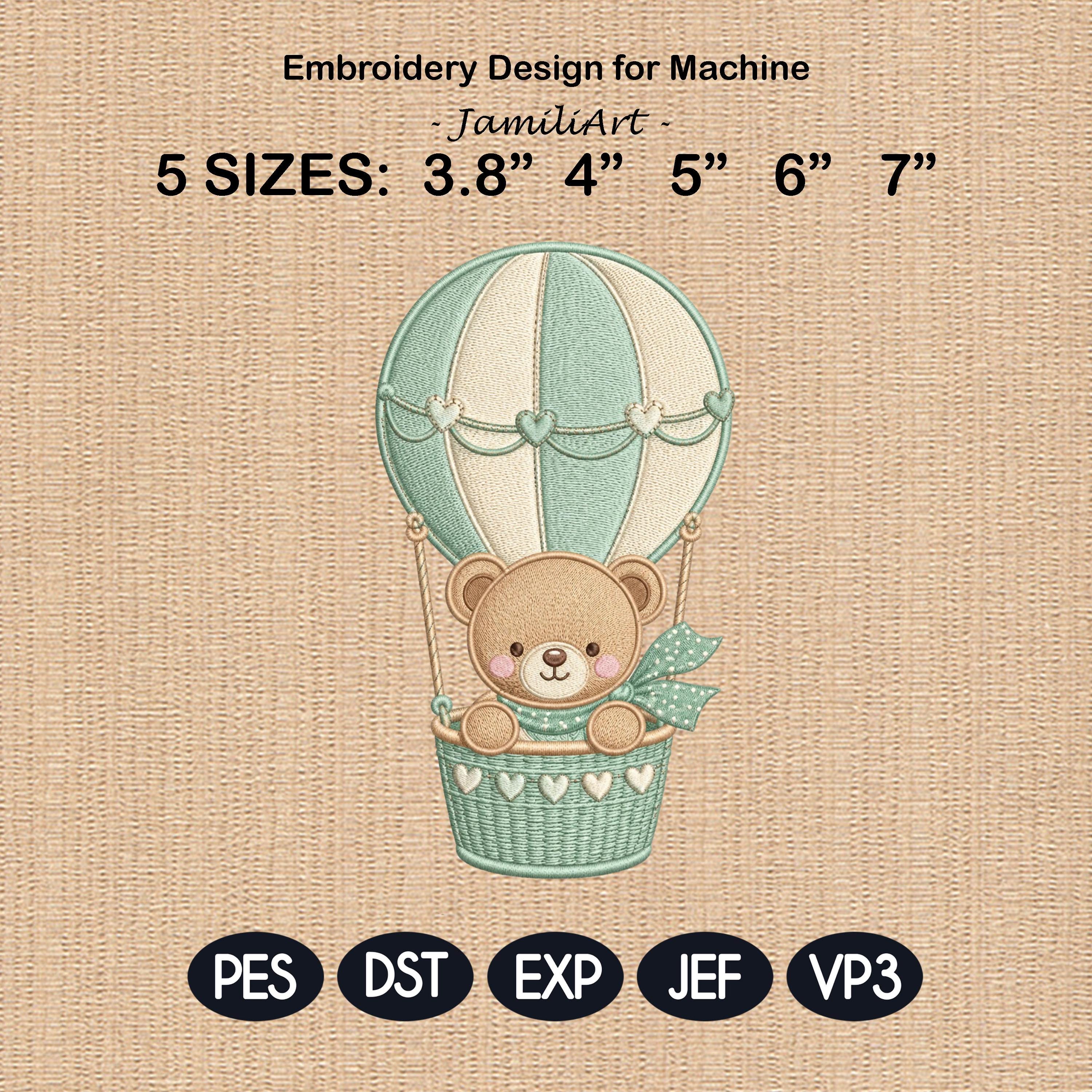 Teddy Bear Hot Air Balloon Embroidery Design, Cute Nursery Baby Bear Machine Embroidery, Kids Room Decor Stitch, 5 sizes, Digital Download