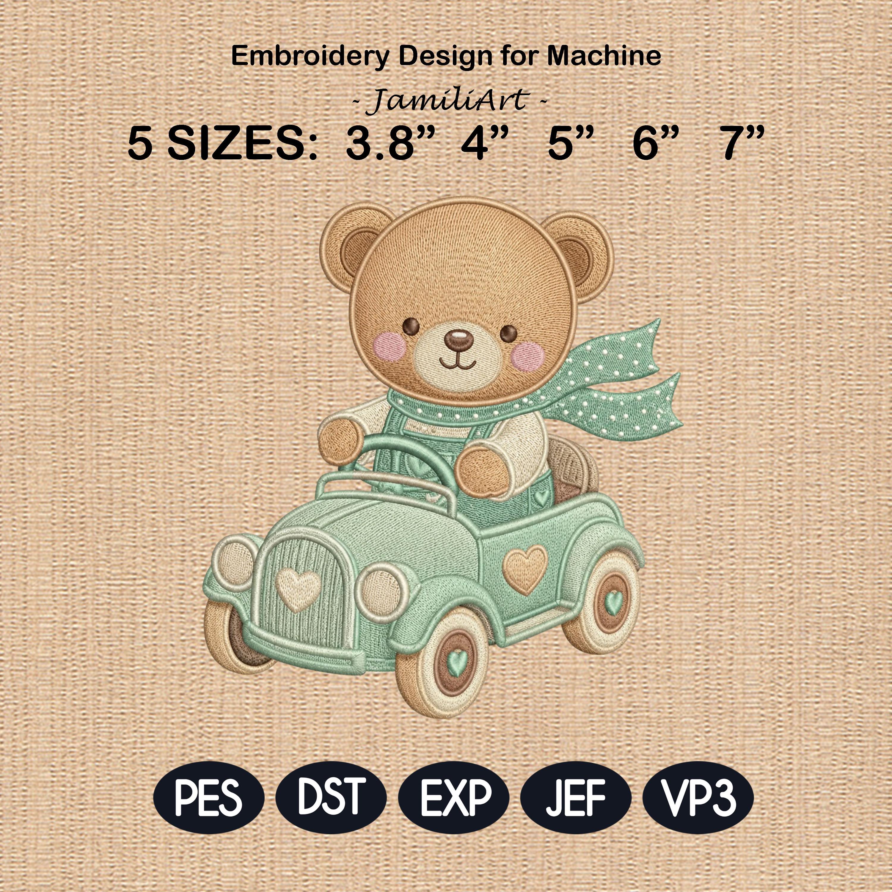 Teddy Bear Car Embroidery Design, Cute Baby Bear Driving Vintage Car Machine Embroidery, Nursery Kids Decor Stitch, 5 sizes,Digital Download