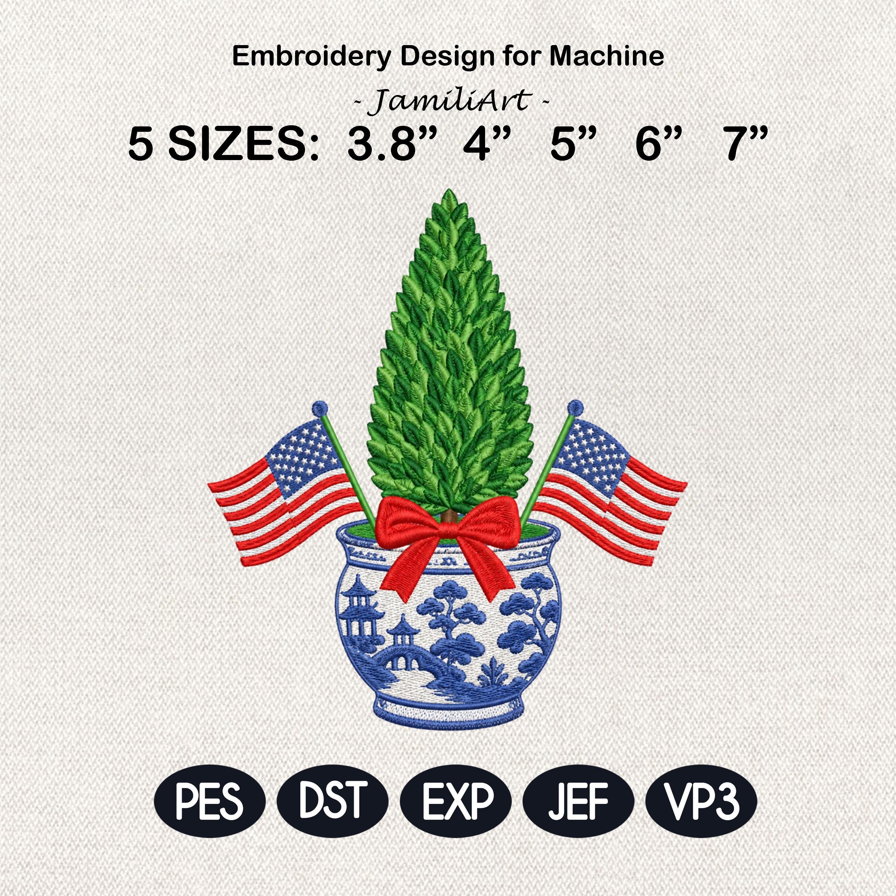 Patriotic Chinoiserie Boxwood Tree Embroidery Design, 4th of July American Flag Topiary Machine Embroidery File, 5 sizes, Digital Download