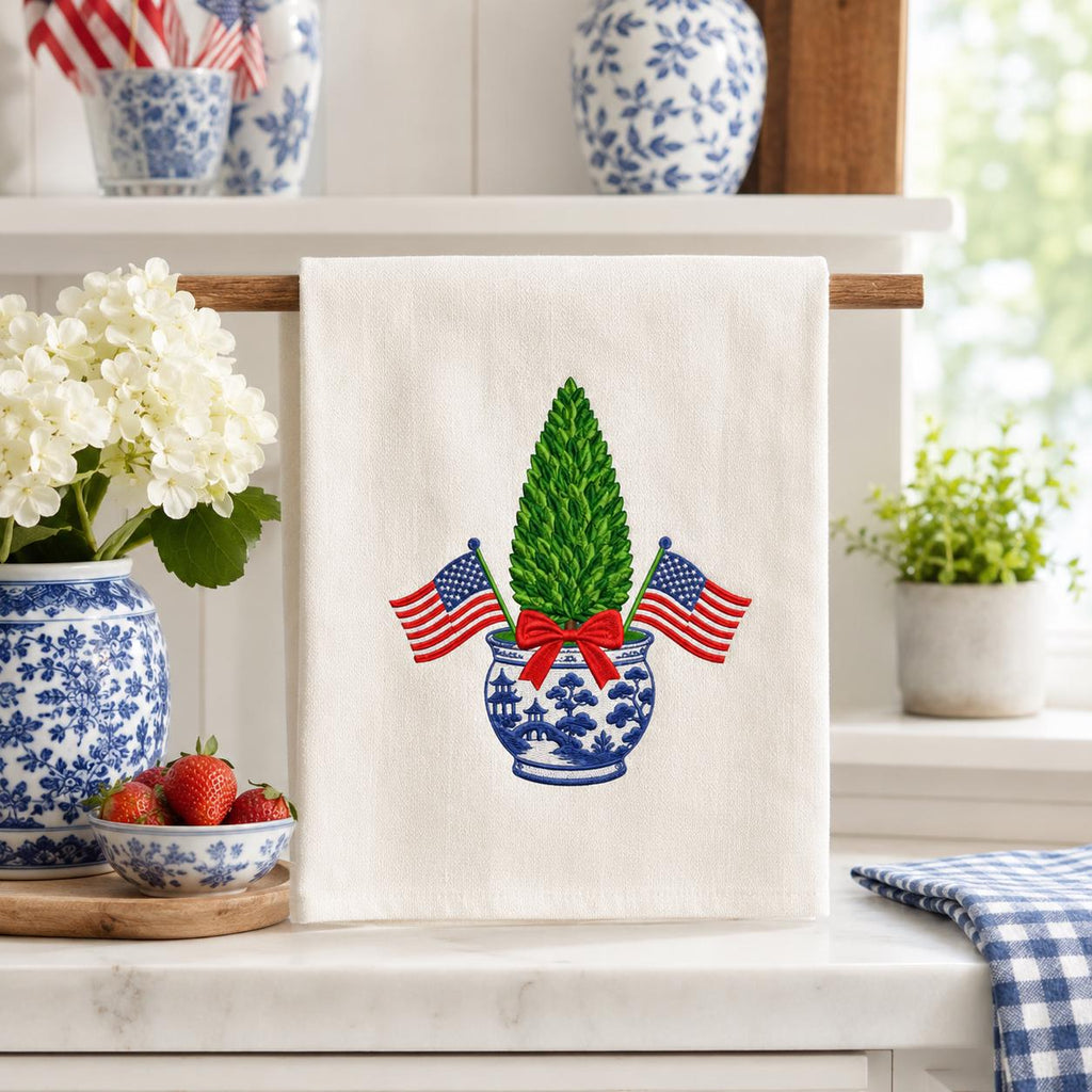 Patriotic Chinoiserie Boxwood Tree Embroidery Design, 4th of July American Flag Topiary Machine Embroidery File, 5 sizes, Digital Download - image 4