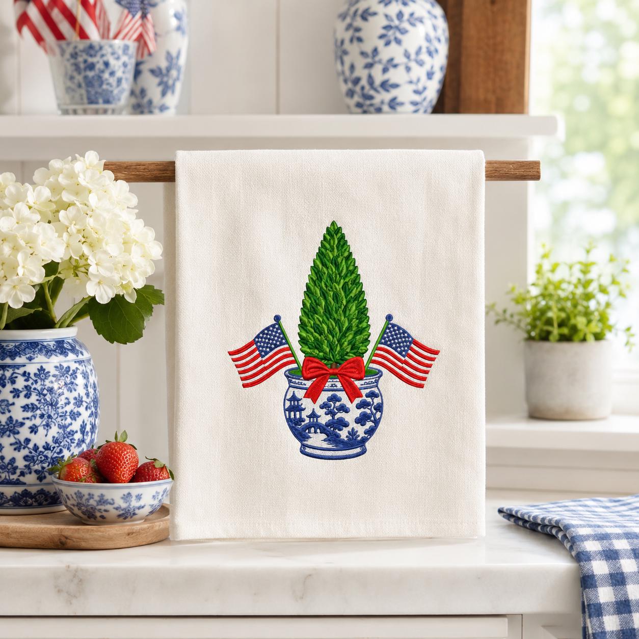 Patriotic Chinoiserie Boxwood Tree Embroidery Design, 4th of July American Flag Topiary Machine Embroidery File, 5 sizes, Digital Download - image 4