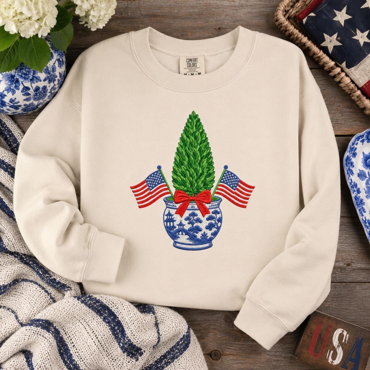 Patriotic Chinoiserie Boxwood Tree Embroidery Design, 4th of July American Flag Topiary Machine Embroidery File, 5 sizes, Digital Download - image 6
