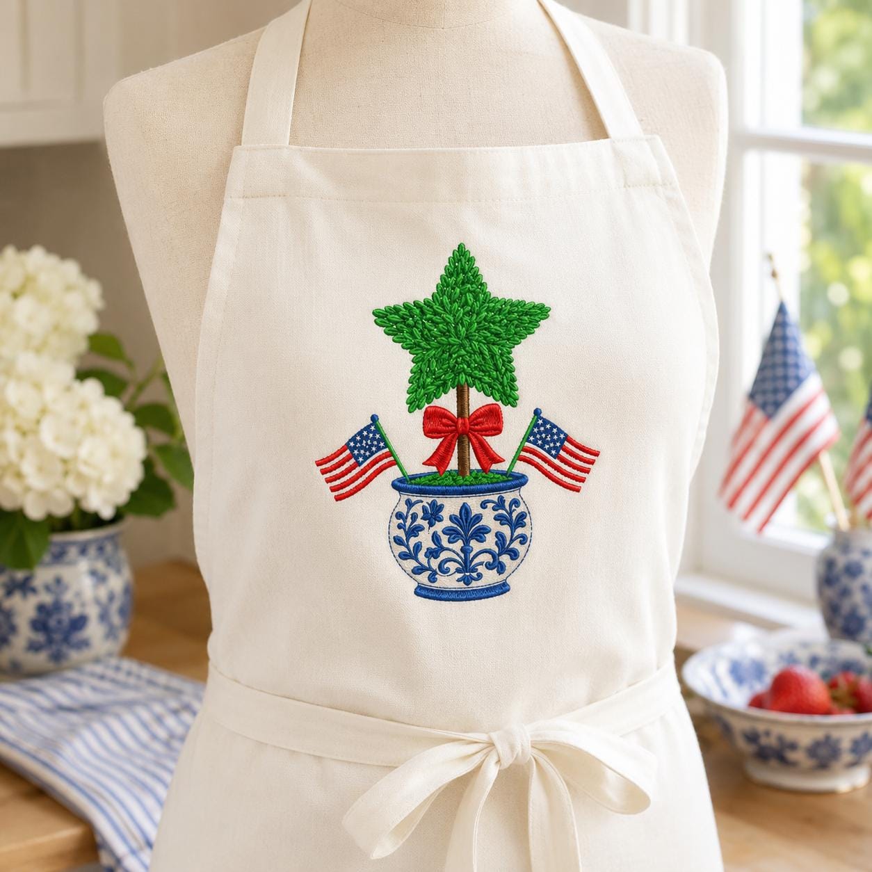 4th of July Star Topiary Embroidery Design, Patriotic Chinoiserie Vase Machine Embroidery File, American Flag Bow, 5 sizes, Digital Download - image 6