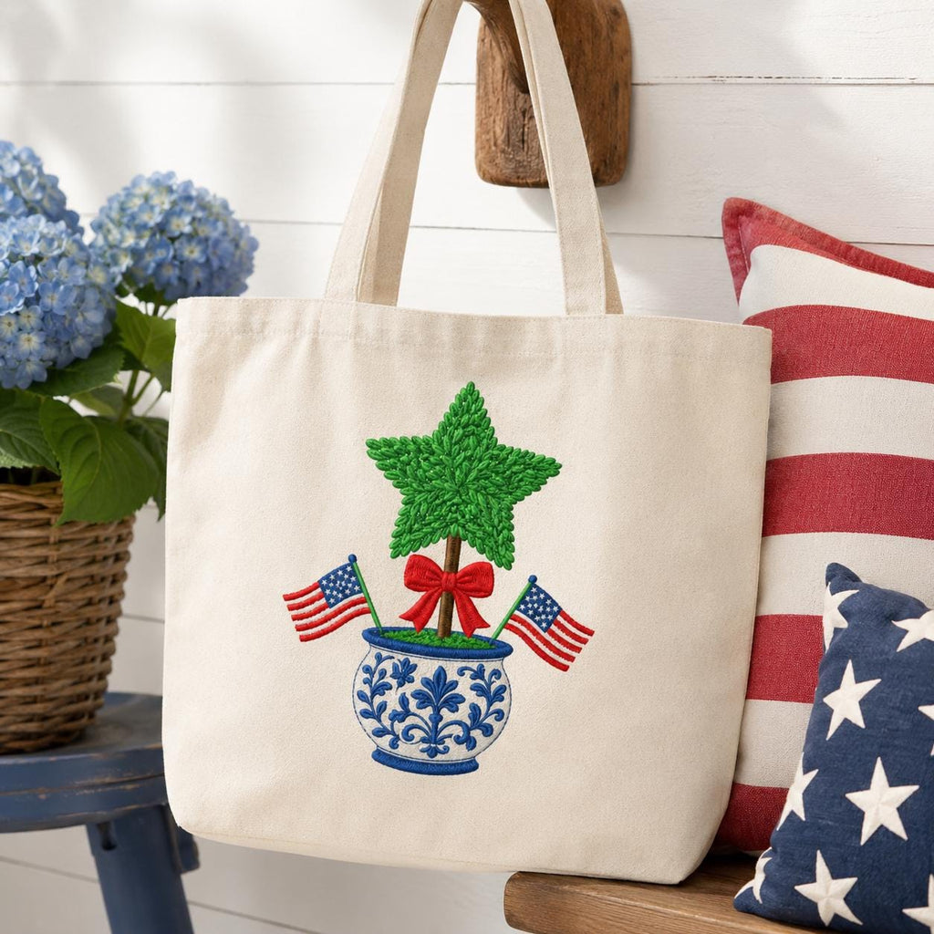 4th of July Star Topiary Embroidery Design, Patriotic Chinoiserie Vase Machine Embroidery File, American Flag Bow, 5 sizes, Digital Download - image 5