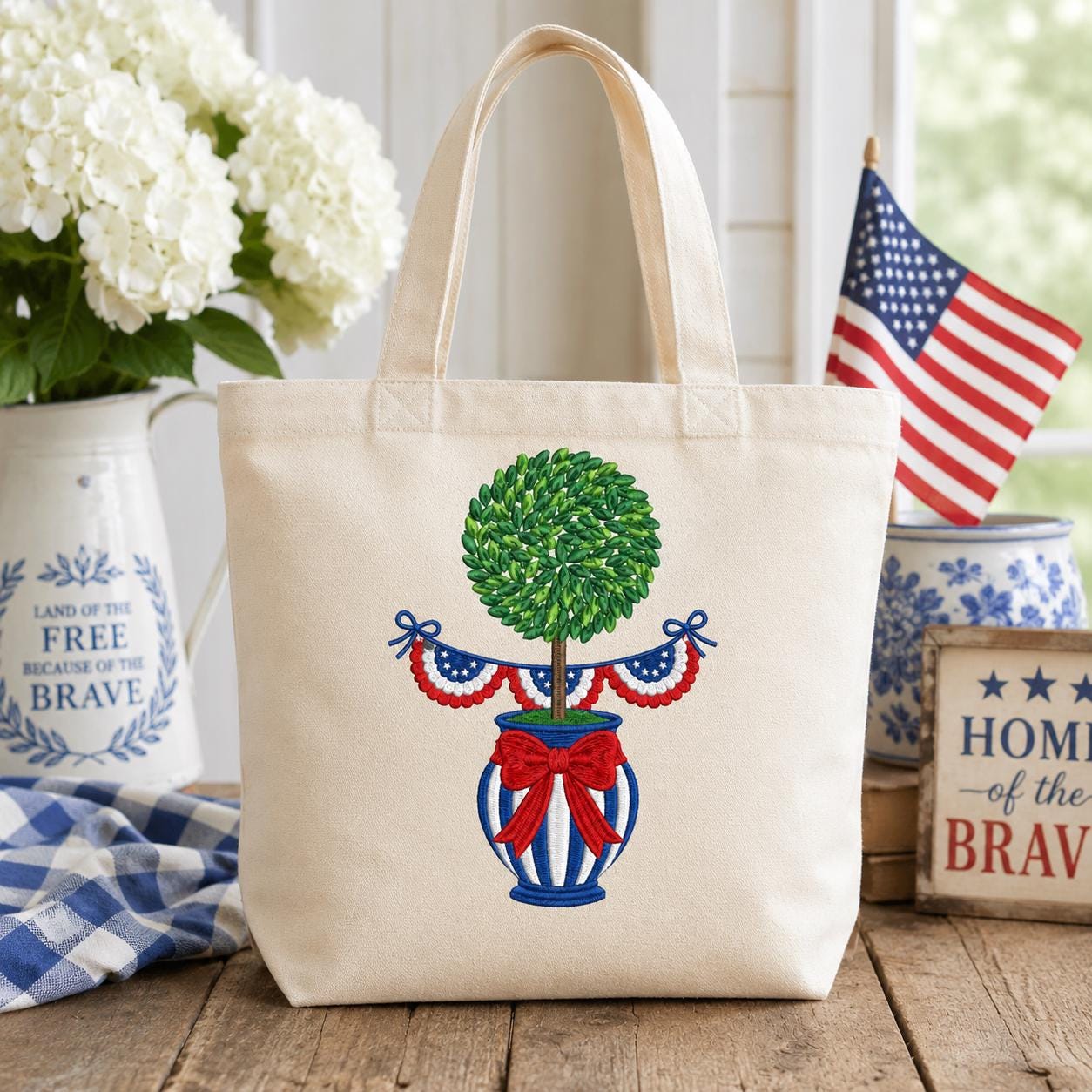 Patriotic Topiary Embroidery Design, 4th of July Chinoiserie Vase Machine File, American Bunting Bow Stitch, 5 sizes, Digital Download - image 3