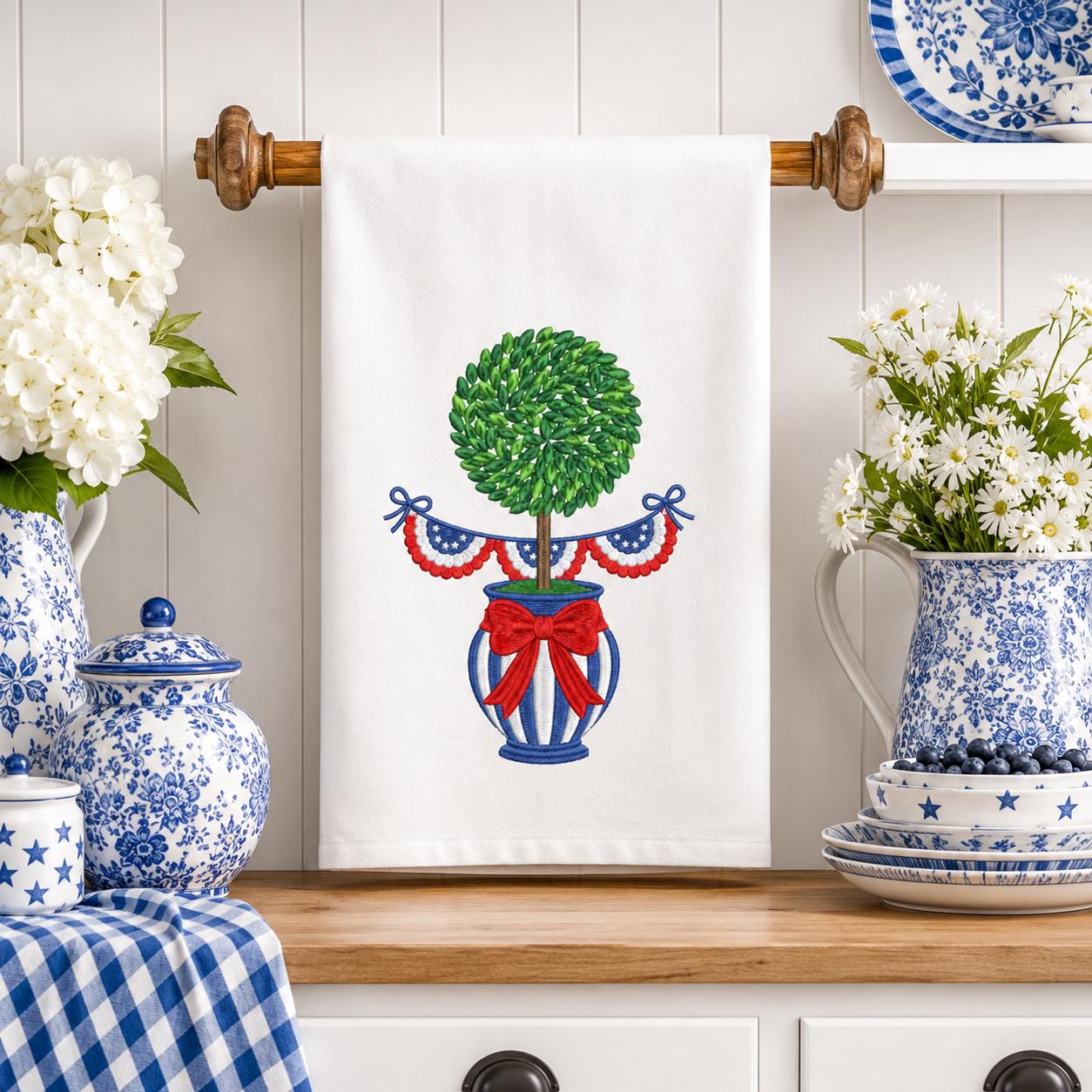 Patriotic Topiary Embroidery Design, 4th of July Chinoiserie Vase Machine File, American Bunting Bow Stitch, 5 sizes, Digital Download - image 4