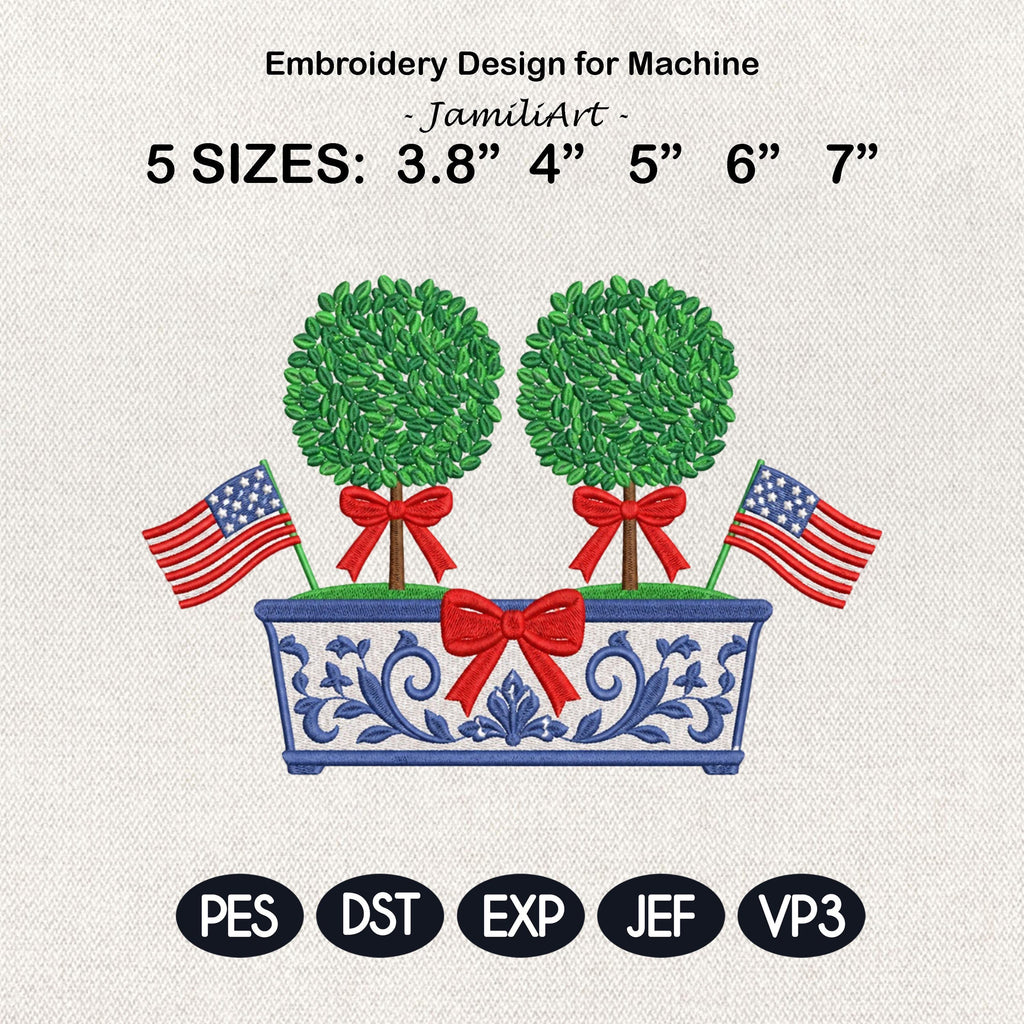Double Boxwood Tree Embroidery Design, Patriotic Chinoiserie Planter Machine File, 4th July Flag Bow Topiary, 5 sizes, Digital Download