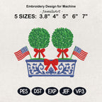 Double Boxwood Tree Embroidery Design, Patriotic Chinoiserie Planter Machine File, 4th July Flag Bow Topiary, 5 sizes, Digital Download