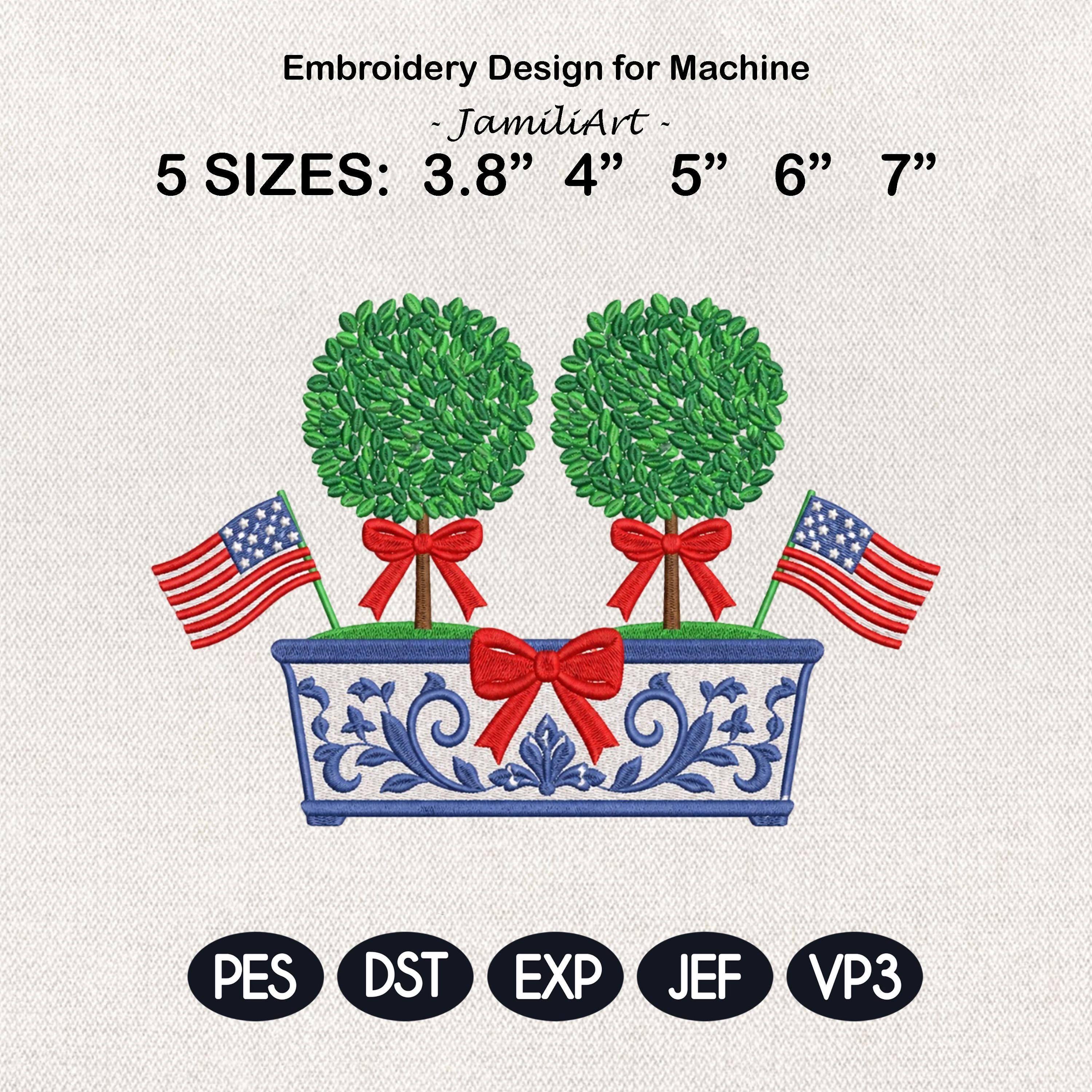 Double Boxwood Tree Embroidery Design, Patriotic Chinoiserie Planter Machine File, 4th July Flag Bow Topiary, 5 sizes, Digital Download