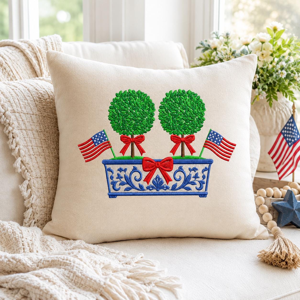 Double Boxwood Tree Embroidery Design, Patriotic Chinoiserie Planter Machine File, 4th July Flag Bow Topiary, 5 sizes, Digital Download - image 4
